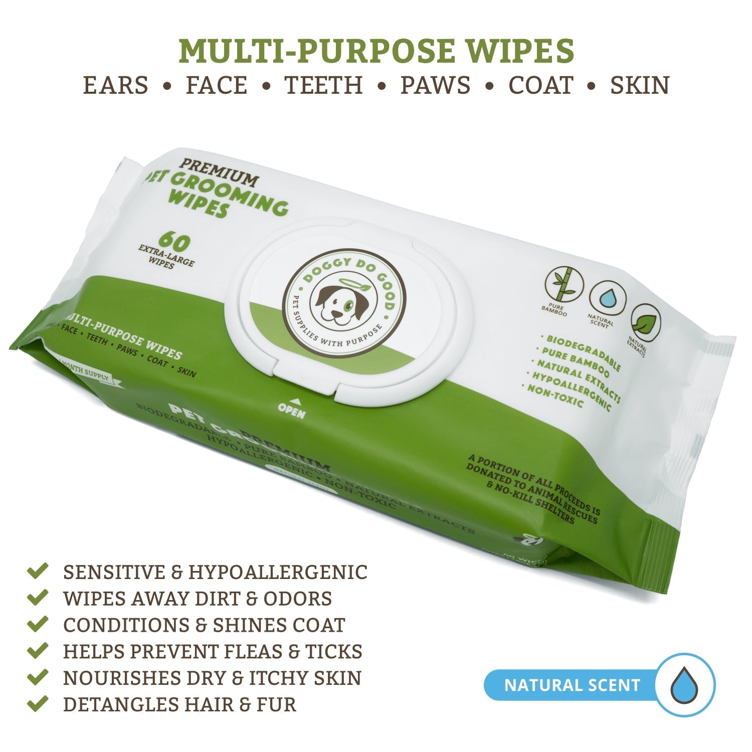 Biodegradable Grooming Wipes - Natural Scent (60 Count)